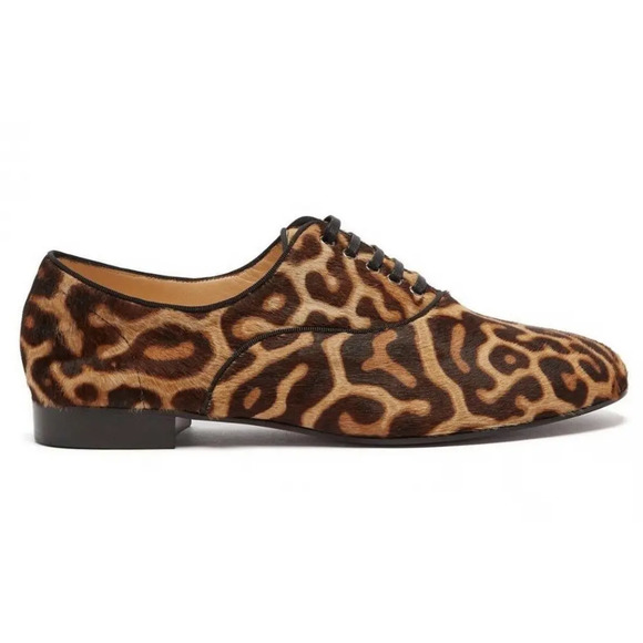 Christian Louboutin New Fred Flat Black Brown Leopard Pony Fur Derby Loafer 35.5 - Picture 1 of 12